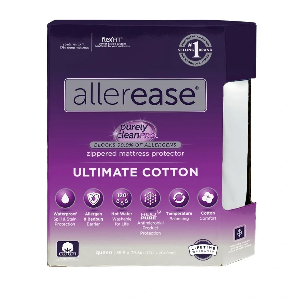 NWT Allerease Ultimate Cotton Allergy Relief Zippered Mattress Protector CalKing